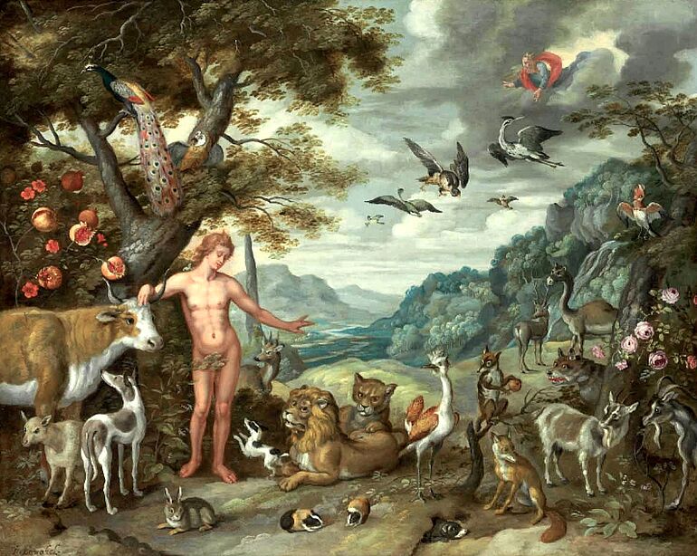 Das Gem&auml;lde &bdquo;Adam benennt die Tiere, aus der Geschichte von Adam und Eva&ldquo;	 von Jan Brueghel der J&uuml;ngere aus dem 17. Jahrhundert. Es zeigt Adam unbekleidet, umrundet von verschiedenen Tieren unter einem Baum stehend.
