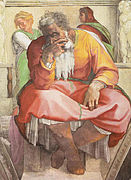 Ein Ausschnitt aus dem Deckenfresko zur Schöpfungsgeschichte von Michelangelo. Die Szene in Lünette zeigt den Propheten Jeremias in einer nachdenklichen Pose. Er hat einen langen weißen Bart, lockige graue Haare und trägt ein rot-gelbes Gewand.