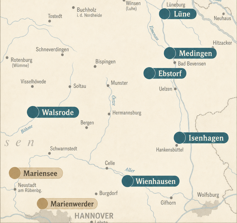 Karte Norddeutschlands (in etwa entsprechend dem Gebiet des heutigen Niedersachsen), mit Hamburg am oberen Rand und Hannover am s&uuml;dlichen Rand. Die sechs L&uuml;neburger Frauenkl&ouml;ster sind blau markiert.