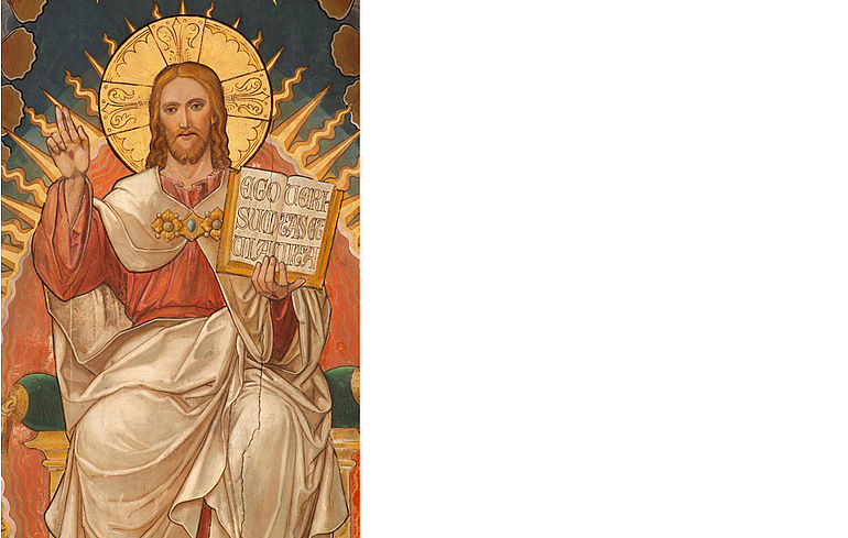Jesusdarstellung mit der Selbstaussage „Ich bin der Weg, die Wahrheit und das Leben“ (Fresco mit dem Zitat aus dem Johannesevangelium 14,6 im Chorgewölbe der Kirche St. Martin in Deux Acren, Belgien).