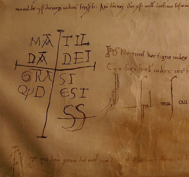 Abb. 2: Eigenh&auml;ndige Subskription der Mathilde von Canossa auf einer Urkunde vom Juni 1107 (Lucca, Archivio Storico Diocesano)