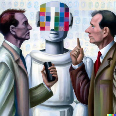 Ein KI-generiertes Gem&auml;lde zeigt zwei M&auml;nner im Gespr&auml;ch, w&auml;hrend im Hintergrund ein Roboter mit einem Gesicht aus farbigen Pixeln steht.