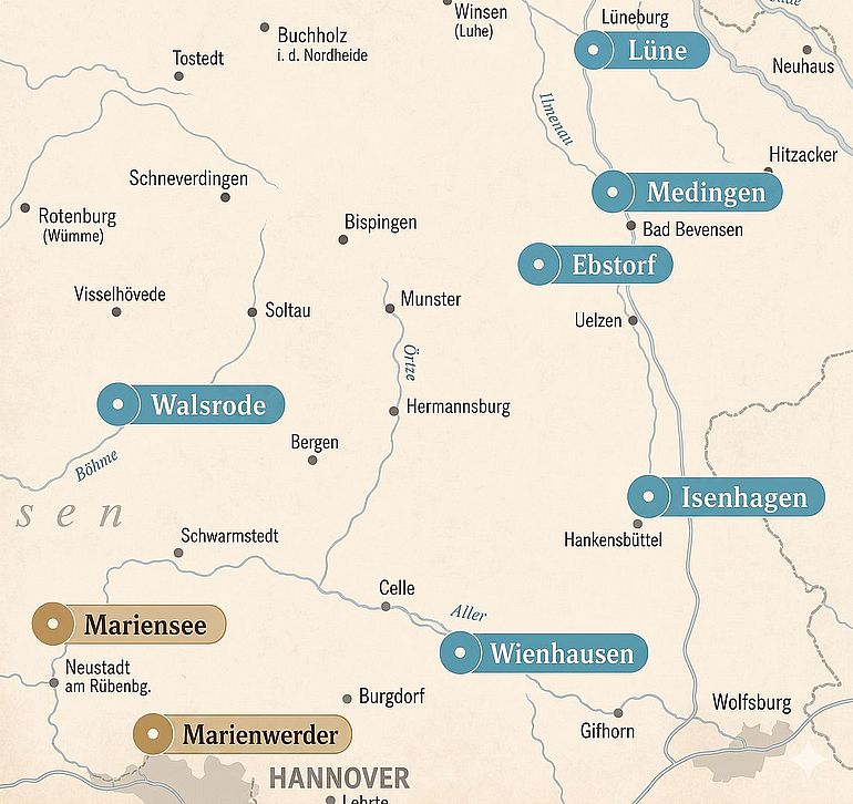 Karte Norddeutschlands (in etwa entsprechend dem Gebiet des heutigen Niedersachsen), mit Hamburg am oberen und Hannover am unteren Rand. Die sechs L&uuml;neburger Frauenkl&ouml;ster sind blau markiert.