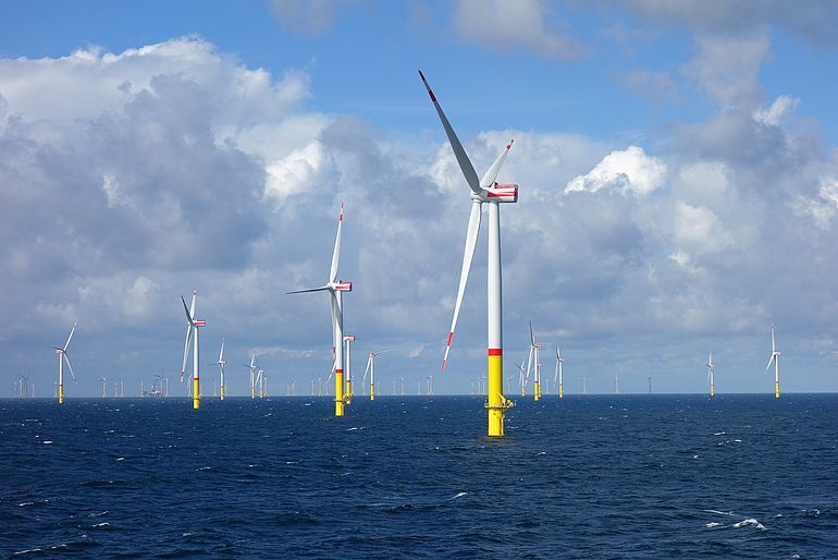 Ein Offshore-Windpark in der Ostsee, bestehend aus einer Vielzahl an großen Windkraftanlagen, die aus dem Wasser ragen. Der Himmel im Hintergrund ist überwiegend von Wolken bedeckt.