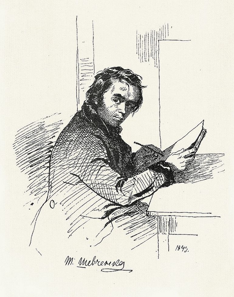 Ein skizzenhaftes Selbstportr&auml;t des ukrainischen Nationaldichters Taras Schewtschenko, der den Betrachter direkt anschaut und dabei Stift und Papier h&auml;lt.