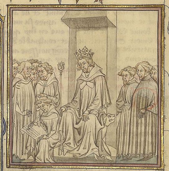 Kaiser Karl der Gro&szlig;e (&dagger; 814) dargestellt als K&ouml;nig von Frankreich mit seinem Biographen, Einhard, zu seinen F&uuml;&szlig;en in einer Handschrift der Grandes chroniques de France aus dem sp&auml;ten 14. Jahrhundert  (Biblioth&egrave;que de l&rsquo;Arsenal, Ms-5223 r&eacute;serve, fol. 85r); im 19. Jahrhundert wurde dieses Bild als Darstellung eines fr&auml;nkischen K&ouml;nigs beim Diktieren der Lex Salica umgedeutet.