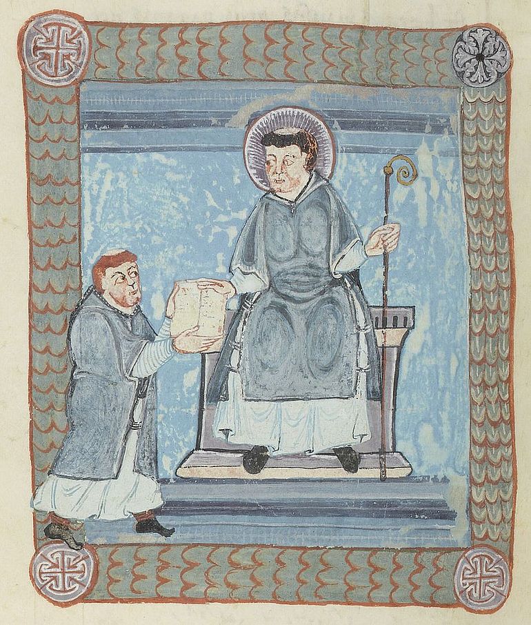 Abb. 3: Der Hl. Benedikt gibt seine Regel einem M&ouml;nch (Paris, BnF, Lat. 9448 f. 66v: Graduale der Abtei Pr&uuml;m, Ende des 10. Jahrhunderts)