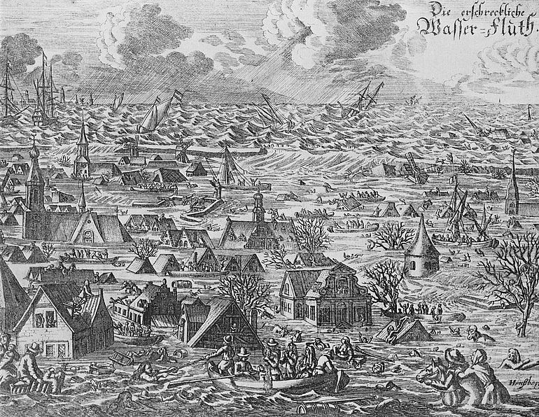 Die erschreckliche Wasser-Fluth. Zeitgen&ouml;ssische Darstellung der Burchardiflut (1634, Nordseek&uuml;ste)