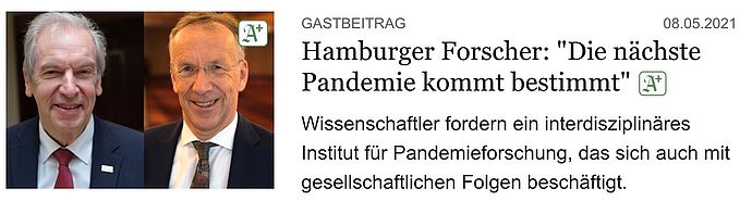 Ein Ausschnitt des Hamburger Abendblatts, in welchem Prof. Kreuzer und Prof. Lohse ein Institut für Pandemieforschung fordern.