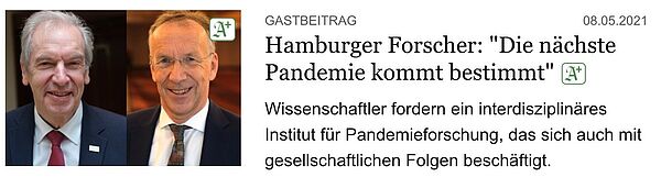 Ein Ausschnitt des Hamburger Abendblatts, in welchem Prof. Kreuzer und Prof. Lohse ein Institut f&uuml;r Pandemieforschung fordern.