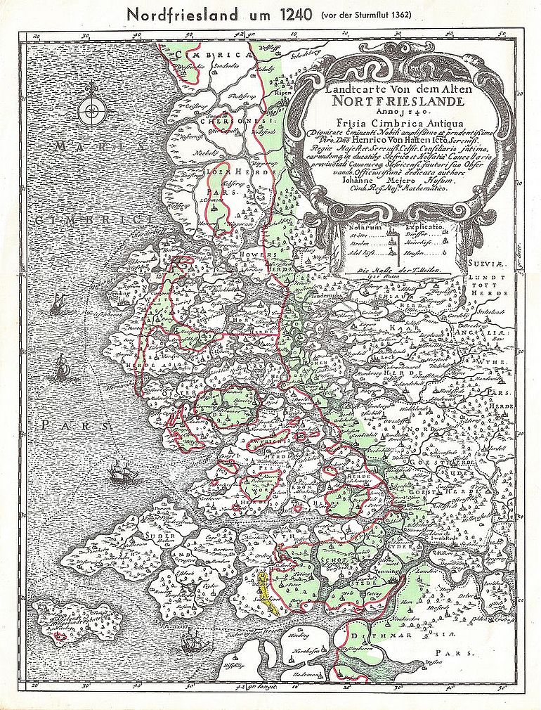 Rekonstruierter K&uuml;stenverlauf um 1240 (vor der Sturmflut 1362) auf der 1649 herausgegebenen Nordfriesland-Karte von Johannes Mejer. Die roten Linien geben den heutigen K&uuml;stenverlauf an.