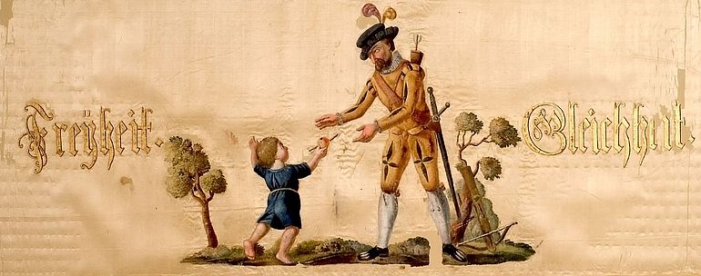 Ausschnitt aus der Trikolore der Helvetischen Republik mit Wilhelm Tell und Sohn (&Auml;lplerfahne der Helvetik)