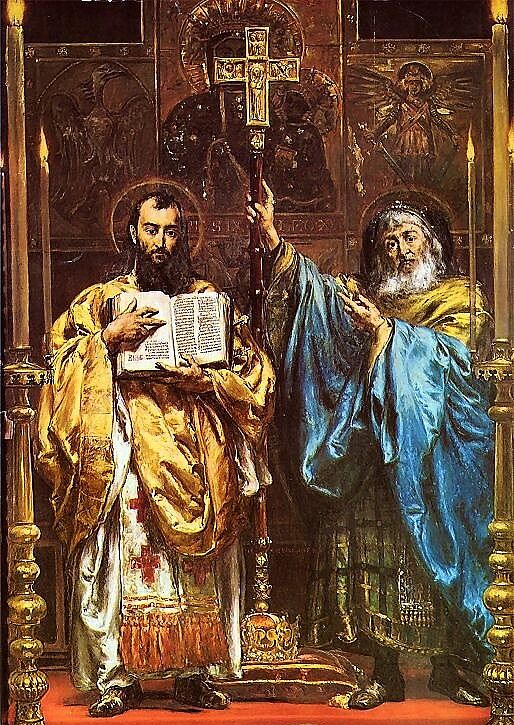Gebr&uuml;der Kyrill und Method, gemalt von Jan Alojzy Matejko (1885, Kloster Velehrad, Bazilika Nanebevzet&iacute; Panny Marie a svat&eacute;ho Cyrila a Metoděje, Tschechien) 