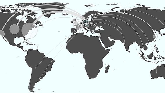 Ein Beispiel f&uuml;r digitale Kartographie der Musikerverfolgung, wie sie das neue Langzeitforschungsprojekt &bdquo;NS-Verfolgung und Musikgeschichte&ldquo; vornehmen wird: Die Grafik zeigt die Flucht-Bewegungen europ&auml;ischer Komponisten und Komponistinnen ins Exil w&auml;hrend der NS-Zeit.