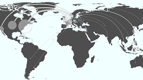 Ein Beispiel f&uuml;r digitale Kartographie der Musikerverfolgung, wie sie das neue Langzeitforschungsprojekt &bdquo;NS-Verfolgung und Musikgeschichte&ldquo; vornehmen wird: Die Grafik zeigt die Flucht-Bewegungen europ&auml;ischer Komponisten und Komponistinnen ins Exil w&auml;hrend der NS-Zeit.