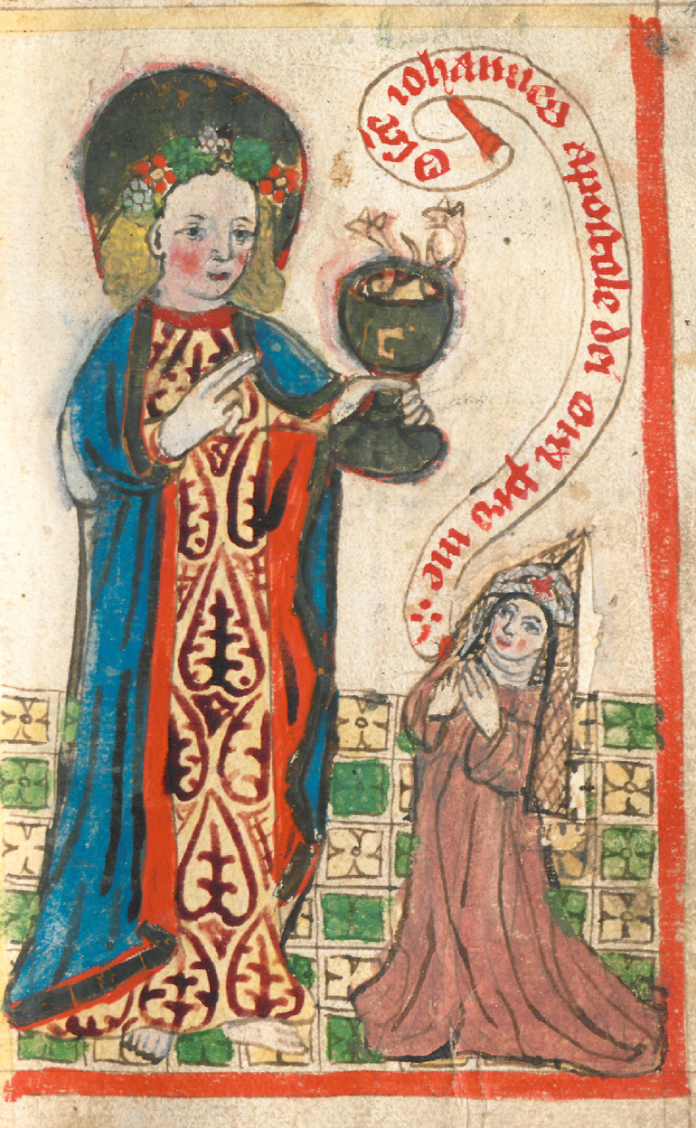 Die ganzseitige Miniatur zeigt eine Medinger Nonne mit ihrem Eigenapostel, dem heiligen Johannes.  Hamburg, Staats- und Universit&auml;tsbibliothek, Cod. in scrin. 149,&nbsp;10r. (Mitte 13. Jh.)