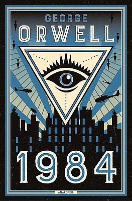 Das Cover des Buches "1984" von George Orwell. Es ist ein gro&szlig;es, bedrohliches Auge in einem wei&szlig;en Dreieck auf dunklem Hintergrund zu sehen. Der Titel und der Autor des Buches sind in gro&szlig;en, wei&szlig;en Buchstaben unter dem Auge zu lesen.