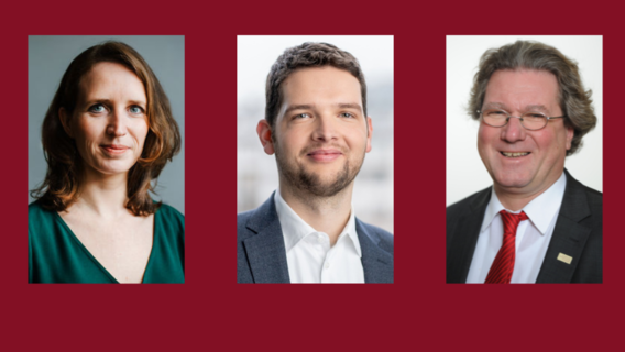 Portraitbilder von Ann-Kathrin M&uuml;ller, Dr. Lennart Laude, Prof. Dr. Stefan Oeter vor weinrotem Hintergrund