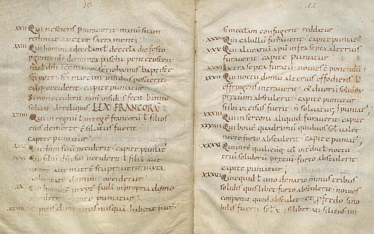 Abb. 2: Rechtssammlung mit u.a. dem fr&uuml;hmittelalterlichen Sachsenrecht, Lex Saxonum (M&uuml;nster, Staatsarchiv, msc. VIII. 5201, S. 10-11.)