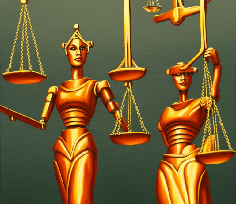 Ein KI-generiertes Bild zeigt zwei weiblich erscheinende bronzefarbene Roboter, die Waagen in den H&auml;nden halten.