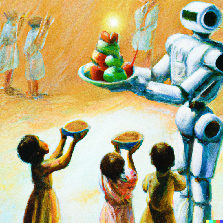 Ein KI-generiertes Gem&auml;lde stellt einen Roboter dar, der einen Teller mit Obst h&auml;lt. Drei Kinder stehen davor und halten Sch&uuml;sseln hoch.