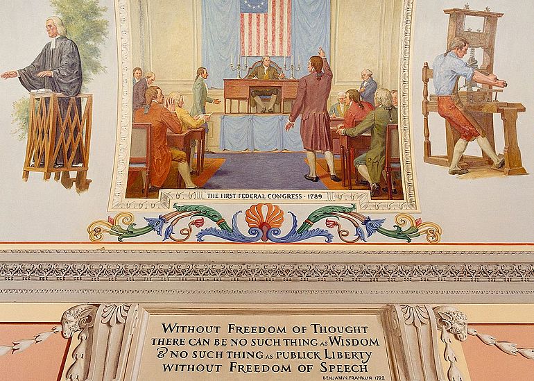 "Without freedom of thought there can be no such thing as wisdom..." Wandmalerei im U.S. Capitol (Allyn Cox, 1973-1974, Great Experiment Hall)