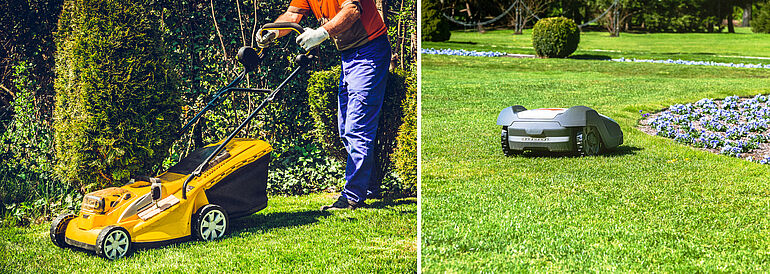 Zwei Bilder nebeneinander: Auf der linken Seite schiebt eine Person einen elektrischen Rasenm&auml;her, auf der rechten Seite arbeitet ein autonomer Rasenm&auml;hroboter.