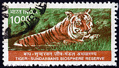 Die Abbildung einer indischen Briefmarke. Es ist ein Tiger zu sehen, welcher gerade aus einem Gewässer auftaucht. Im Hintergrund ist ein dichter Dschungel abgebildet.